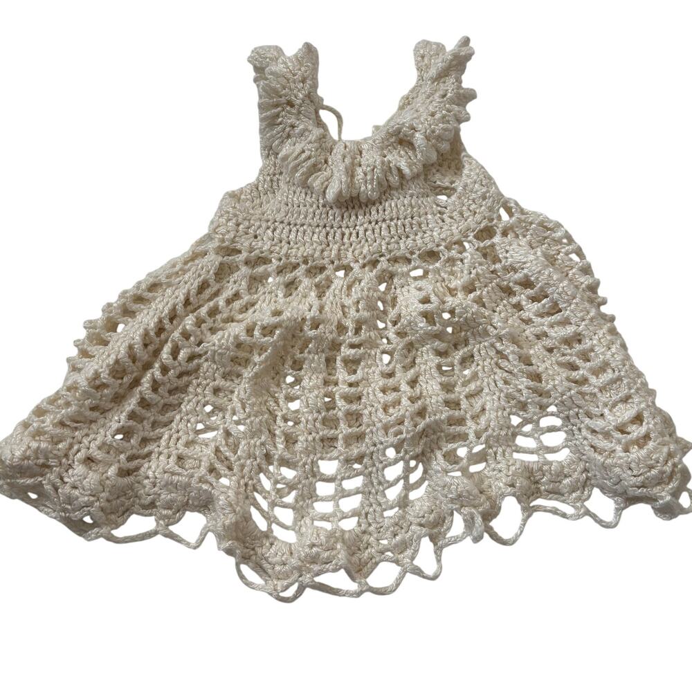 Handmade White Crocheted Infant Baby NewBorn to 6 Month Silk Dress